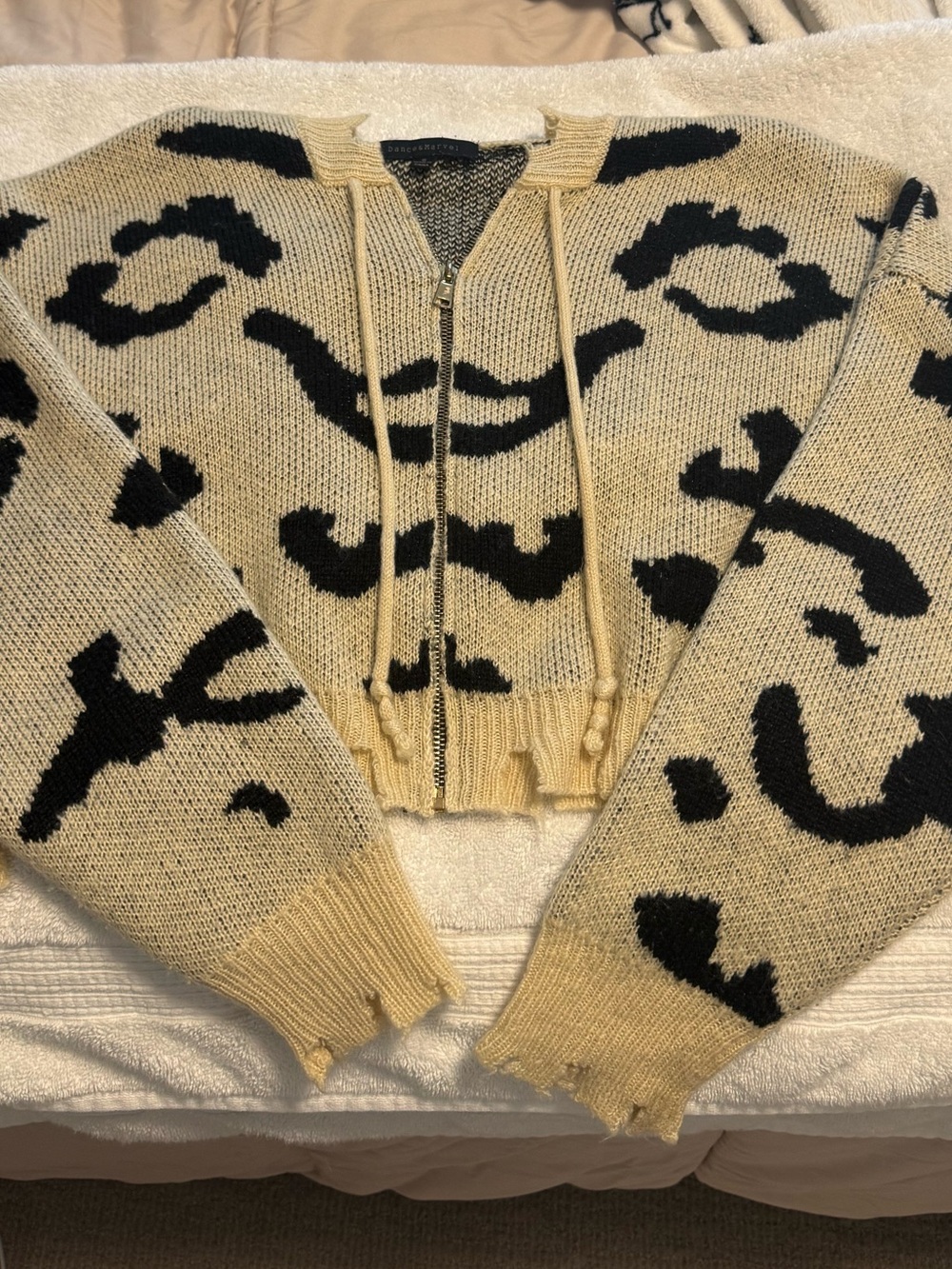 Dance & Marvel Beige and Black Leopard Zip Crop Cardigan